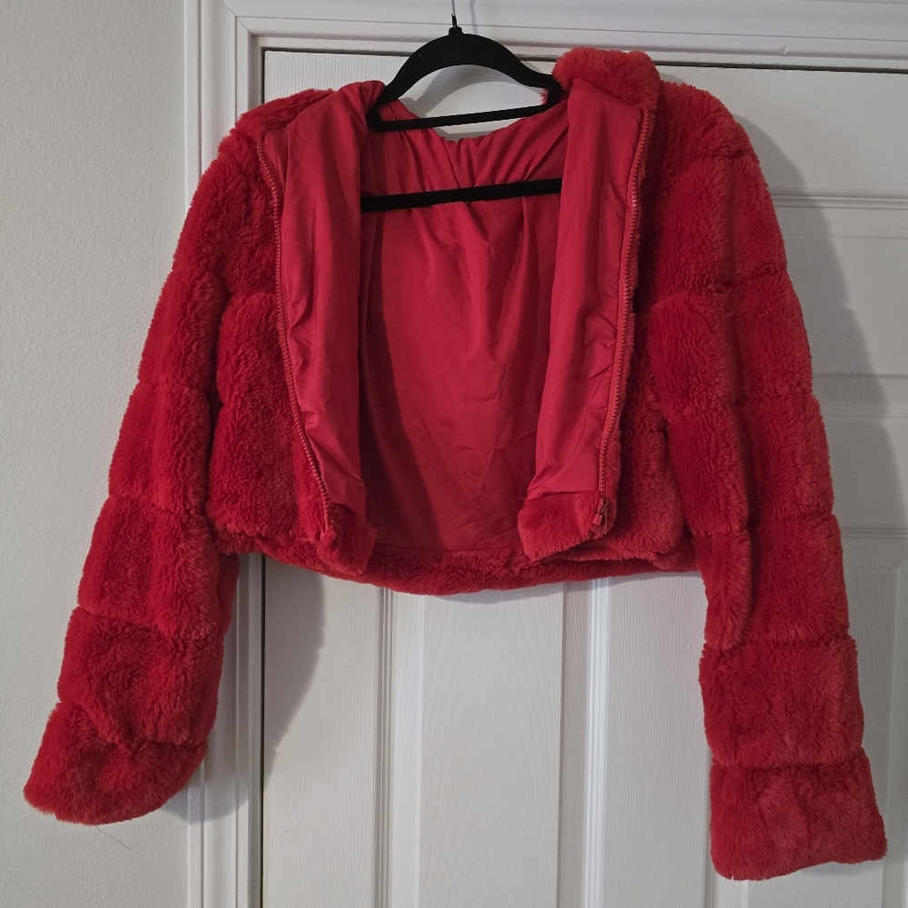 Vibrant Red Faux Fur Jacket